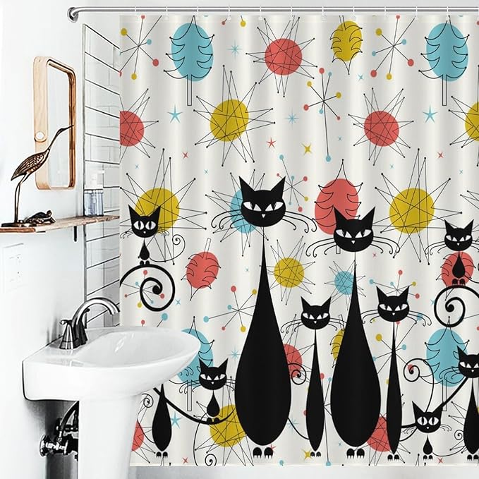 Mid Century Shower Curtain Christmas Tree Atomic Black Cat Aesthetic Patterned Duty Fabric Shower Curtains Set Bathroom Polyester Waterproof with 12 Hooks, 55x72Inch（140x183cm）
