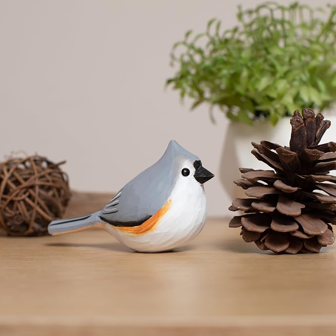 Handmade Tufted Titmouse Bird Figurine, Wooden Tufted Titmouse Carving, Unique Small Bird Statue for Home Décor or Collectible Gift