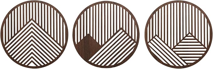 pechpell 3 Piece Round Wood Mountains Wall Art, 11.8" Circle Wooden Geometric Wall Decor, Rustic Nature Mountain Line Artwork for Living Room Bedroom Office Farmhouse Home Decorations