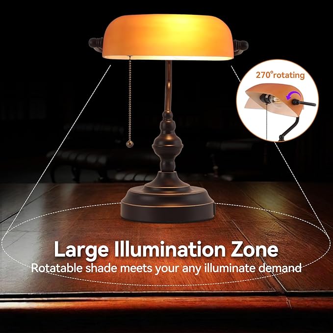 Bankers Desk Lamp with Pull Chain Switch, Vintage Banker's Desk Lamp with USB A and Type C Charging Port, Library Lamp for Office Study Room, Amber Glass Bronze Desk Lamps