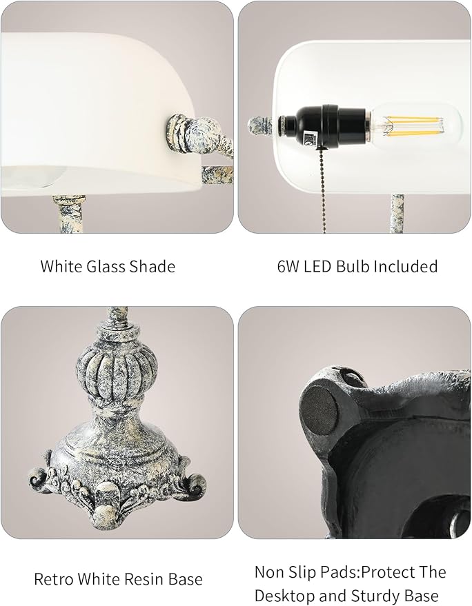 Retro White Matted Glass Bankers Desk Lamp for Home Office,Library with Pull Chain Switch Plug in Fixture, LED Bulb Included