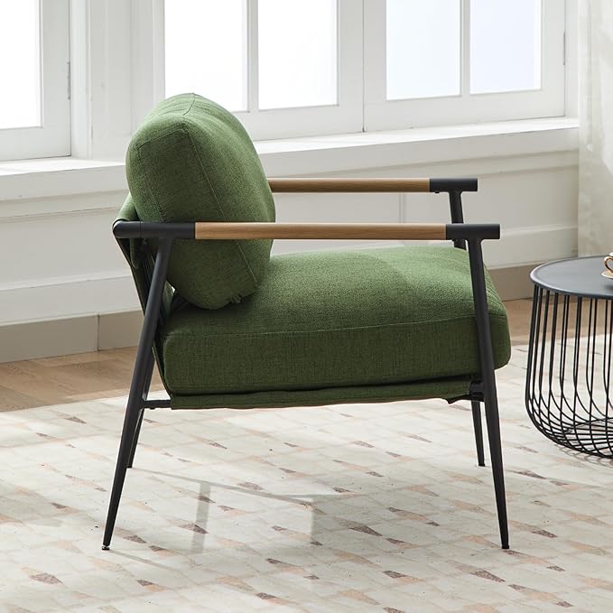 DUOMAY Mid-Century Modern Accent Chair Armchair, Soft Linen Fabric Sofa Lounge Chair Reading Chair with Metal Leg for Living Room Bedroom Office, Green