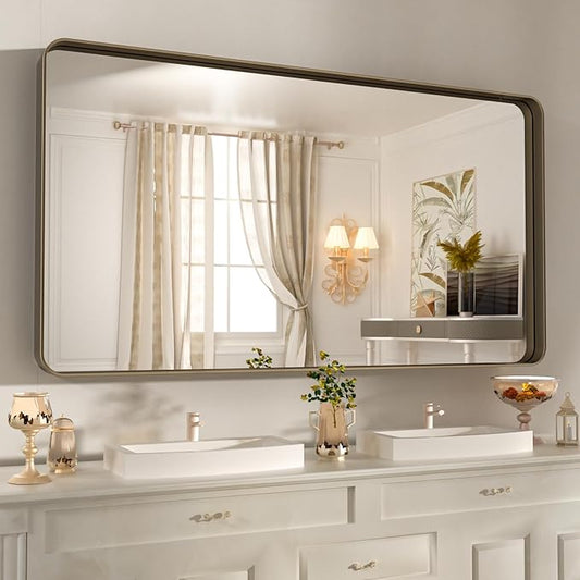 WEER 55x30 Inch Bronze Bathroom Mirror for Vanity, Brushed Bronze Metal Frame Rounded Rectangle Mirror with Tempered Glass, Anti-Rust (Horizontal/Vertical)