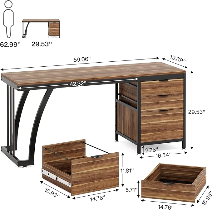 Tribesigns Computer Desk with 3 Drawers, 59-Inch PC Desk with Reversible Drawers, Industrial Study Writing Table Workstation with File Storage for Home Office, Walnut