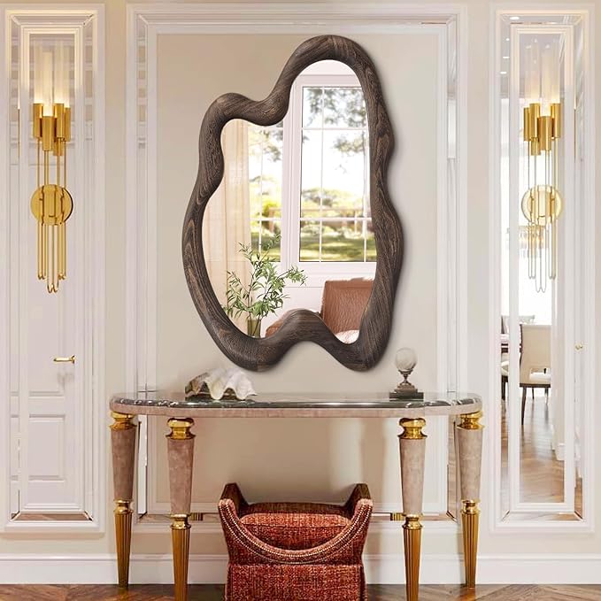 AAZZKANG Large Wall Mirror with Wooden Frame,Vintage Irregular Wall Mirror 32"x24" Asymmetrical Hanging Mirror for Bathroom Bedroom Living Room Entryway