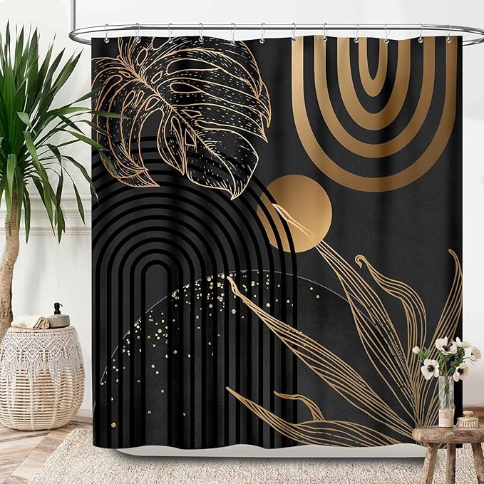 Dark Black Gold Shower Curtains,Mid Century Abstract Tropical Plant Minimalist Modern Geometric Palm Leaf Simple Waterproof Fabric Bathroom Shower Curtain Set with Hooks,72x72Inch (183x183cm)