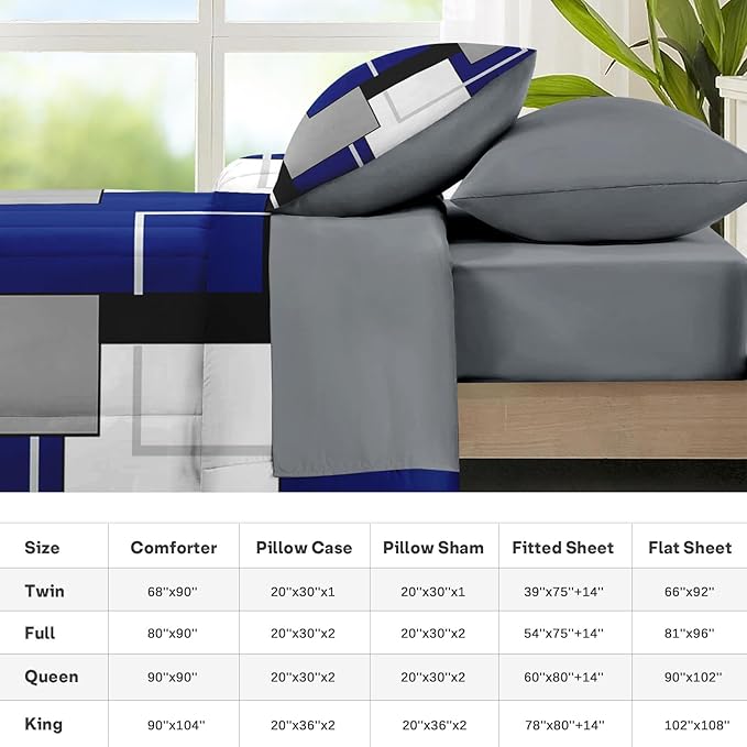 Nesker Comforter Set Full Size, Blue Black Geometric 7 Pcs Bedding for Kids and Adults, Abstract Modern Grey Bed Sheet Sets with Fitted Sheet 2 Pillowcases & 2 Shams