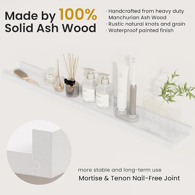 Solid Ash Wood Picture Ledge Shelf, Floating Shelves Set of 2, 56 Inch Long Large Ledge Shelves, Nursery Book Shelves Wall Mounted for Living Room Bedroom Kitchen Decor Kids Bookshelf, White