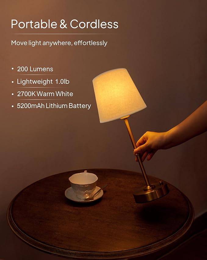 EppieBasic Cordless Table Lamp Rechargeable: Fast Charging & Long Lasting - 2700K Warm Light Vintage Gold Lamps - Dinning Living Room Bedroom - Beige Shade