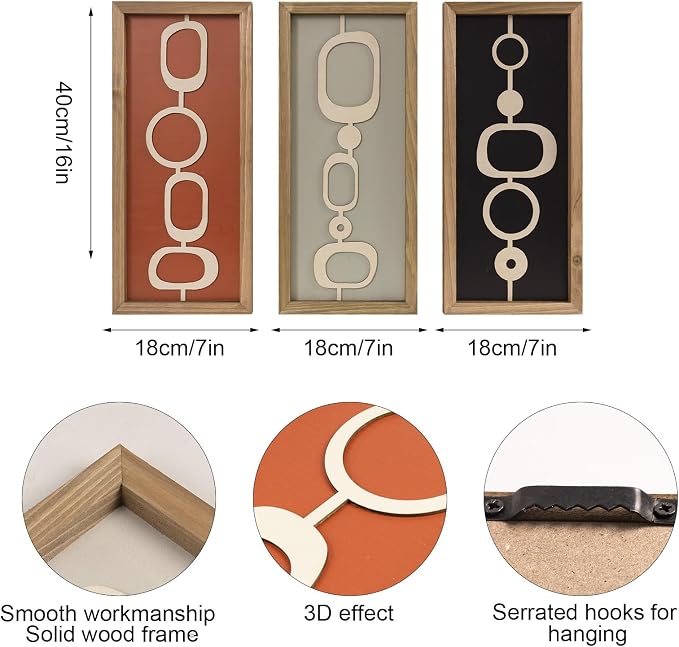 pechpell 3 Set Of Mid Century Modern Wall Art Wooden Framed, Modern Boho 3D Abstract Geometric Mcm Wall Hanging For Living Room, Bedroom, Entryway, Home Office, Earth Tone Minimalist Decor