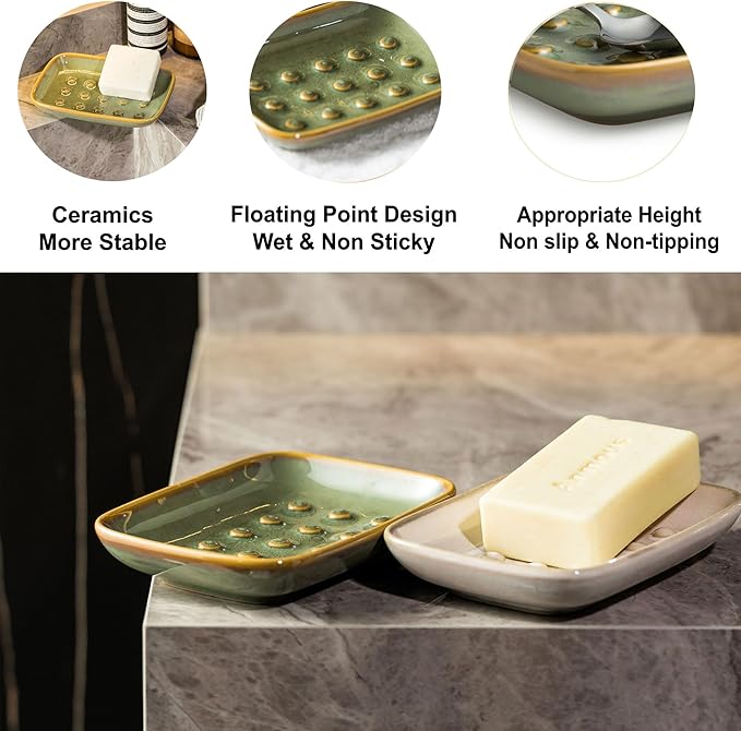 Soap Dish for Shower, Ceramic Soap Dish for Large Soap Bars, Non-Slip Soap Holder & Saver Tray with Floating Point Design for Bathroom, Shower, Kitchen Sink, Save Soap Loss (Pack of 2)
