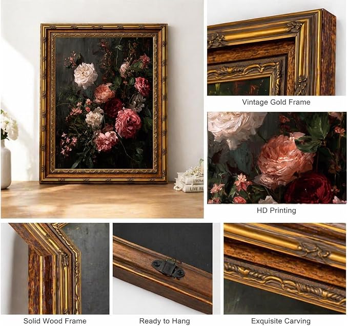 Dark Romantic Floral Wall Art Vintage Botanical Painting Moody Flower Still Life Print Gothic Dark Academia Wall Decor Antique Style Floral Picture Framed Vintage Frame 12x16 Inches