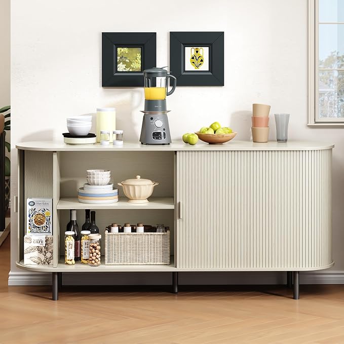 Buffet Cabinet with Storage, Fluted Sideboard Buffet with Sliding Door, Coffee Bar Cabinet with Adjustable Shelf, Console Table, Accent Table for Entryway, Kitchen (Natural White, 63 Inch)
