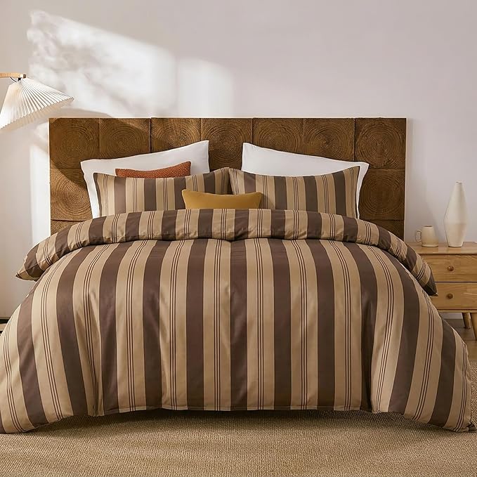 Merryword Brown and Khaki Striped Duvet Cover Set Queen Size, 100% Cotton Bedding Set with Zipper Closure & 8 Corner Ties, Awning Stripe Bedding, Soft Breathable Comforter Cover for All Seasons