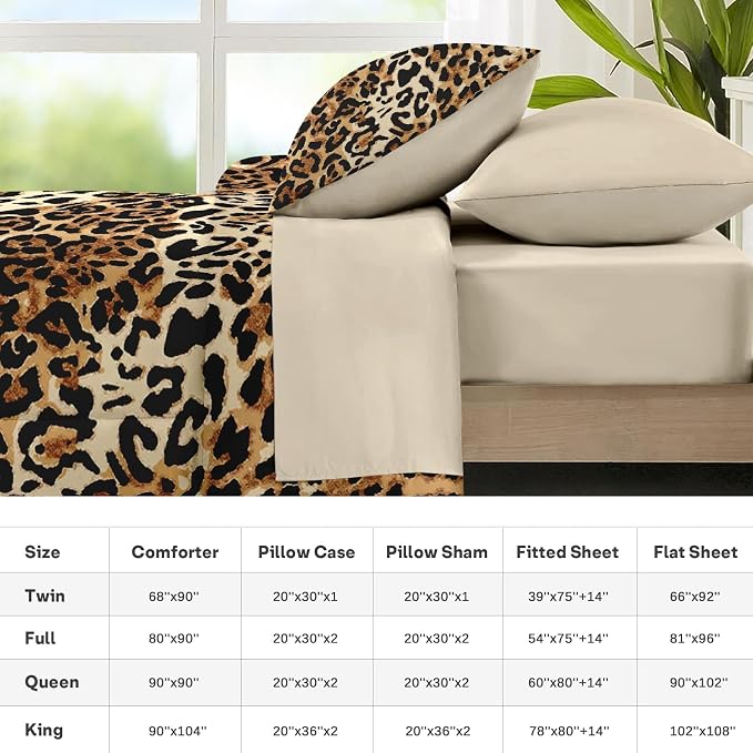 Nesker Comforter Set Twin Size, Leopard Print Cheetah Wild 5 Pcs Bedding for Kids and Adults, Animal Safari Skin Pattern Bed Sheet Sets with Fitted Sheet Pillowcase & Sham
