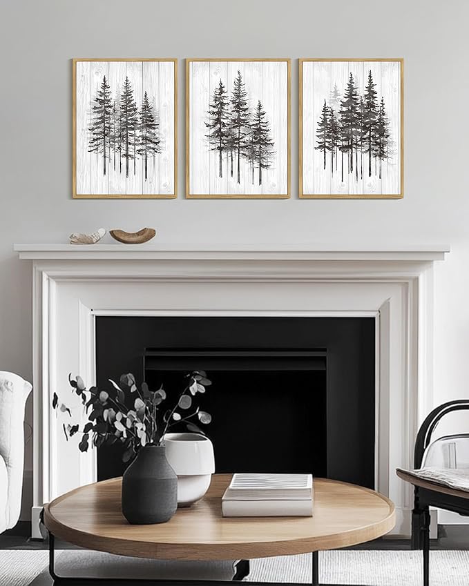 KUVIOKE Woodcut Pine Tree Framed Wall Art Nature Abstract Forest Wall Decor Rustic Minimalist Painting for Bedroom Dining Room 12x16in (Natural Framed)