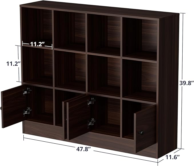 Cozy Castle Brown Wood Bookcase, 12 Cube Display Shelf with 4 Doors, 3 Tier Open Bookshelf with Adjustable Shelves for Living Room, Home Office, Entryway