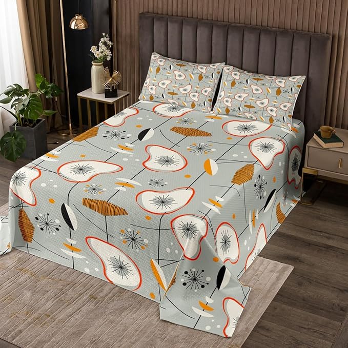 Erosebridal Grey Old Fashion Coverlet Queen Size Abstract Atomic Bedding Set, Brown Red White Aestheitc Bedspread Set Boho Mid Century Quilt Set, Minimalism Lines Bed Set 3 Pieces