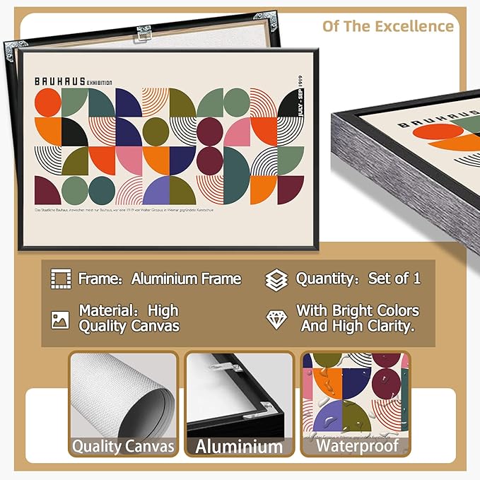 Bauhaus 1919 July-September Exhibition Vintage Framed Poster Colorful Abstract Composition Canvas Wall Art Beige Backdrop Prints For Home Bedroom Dorm Wall Decor 24x36in Framed