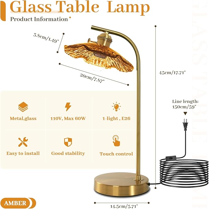 Modern Table Lamp Gold Table Lamp Mid Centry Table Lamps Touch Bedside Lamp Glass Bedside Lamp with Amber Flower Shade Vintage Desk Lamp Small Nightstand Lamps for Bedroom Living Room Office