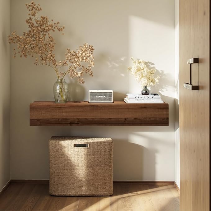 Floating Solid Wood Console Table, 39'' Wall Mounted Narrow Entryway Table with Storage Shelf, Modern Couch Shelves Small Entry Way Tables for Entryway, Front Hall, Hallway (Walnut, 39.37IN)