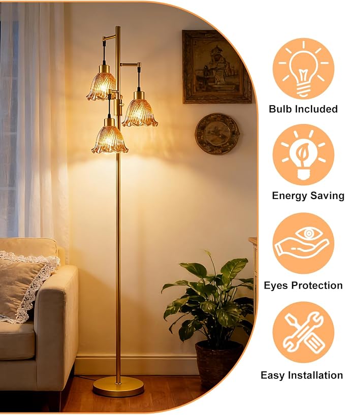 3-Light Modern Glass Floor Lamp, Gold Standing Tall Lamp with Amber Glass Shade for Reading, Dimmable LED Floor Lamp with 5Lbs Heavy Base for Living Room Bedroom Home Decor, Bulb Included