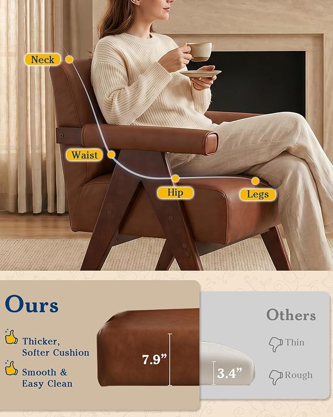 AODAILIHB Mid Century Modern Accent Chair, Solid Wood Frame Brown Leather Armchair, Modern Reading & Living Room Chair for Office Guest & Waiting Room