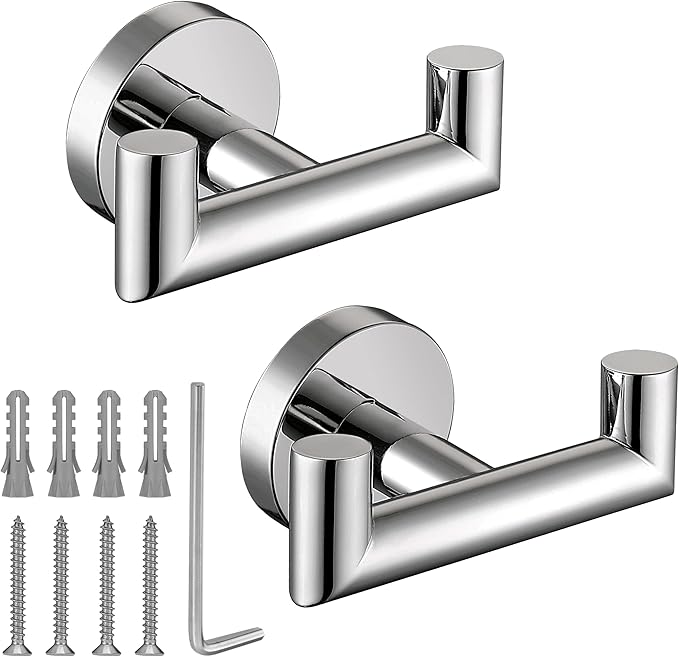 Towel Hooks for Bathrooms,Polished Chrome Towel Hook for Kitchen Bathroom,SUS304 Stainless Steel Coat Hook,Heavy Duty Double Towels Holder Hooks for Hanging Towels,Coats,Clothes,Wall Mount,2 Pack