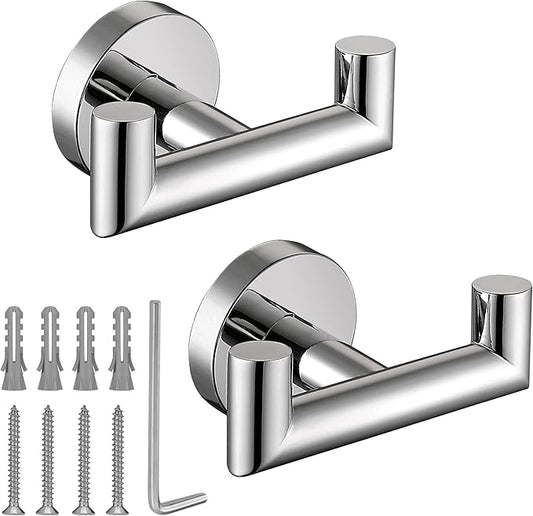 Towel Hooks for Bathrooms,Polished Chrome Towel Hook for Kitchen Bathroom,SUS304 Stainless Steel Coat Hook,Heavy Duty Double Towels Holder Hooks for Hanging Towels,Coats,Clothes,Wall Mount,2 Pack