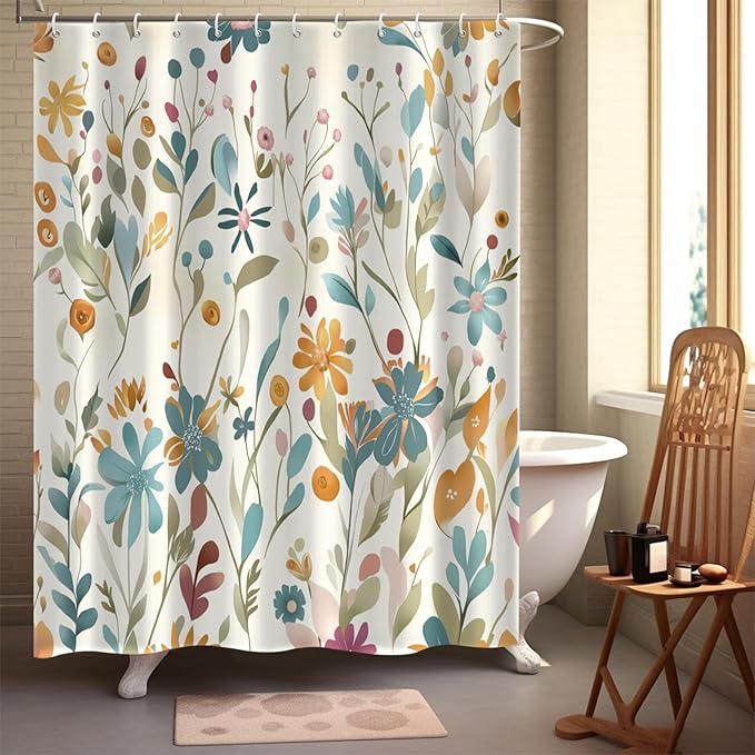 Colorful Floral Shower Curtain, Boho Wildflower Cute Flower Herbs Waterproof Fabric Machine Washable for Bathroom Bathtub Decor with Hooks 72x72