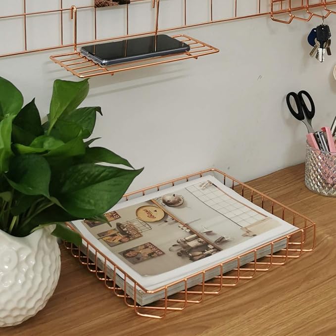 Desk Tray, Wire Metal Letter File Tray Organizer, Size 12.2”x9.5”x1.9”, Rose Gold