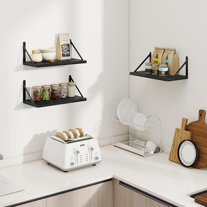 Heimlove Floating Shelves for Wall Set of 3,Light Wood Wall Mounted Bookshelf Decorative Shelf for Living Room Bathroom Bedroom Kitchen Laundry Pictures Plants Books Cats TV,Black
