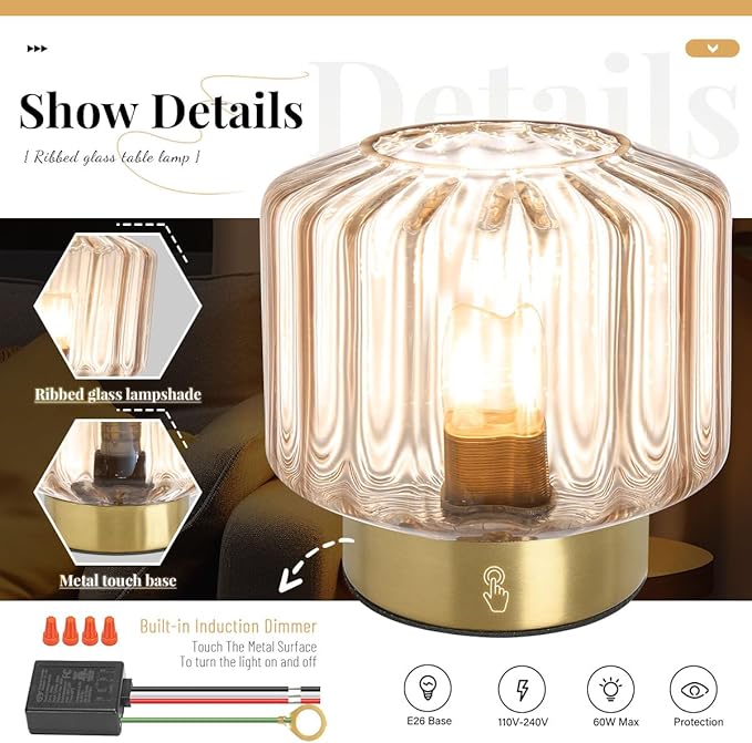 Mid Century Table lamp of 2 Small Table Lamps with Touch Switch Amber Glass Table lamp Gold Desk lamp Modern nightstand lamp Bedside Table Lamps for Bedroom Living Room Office