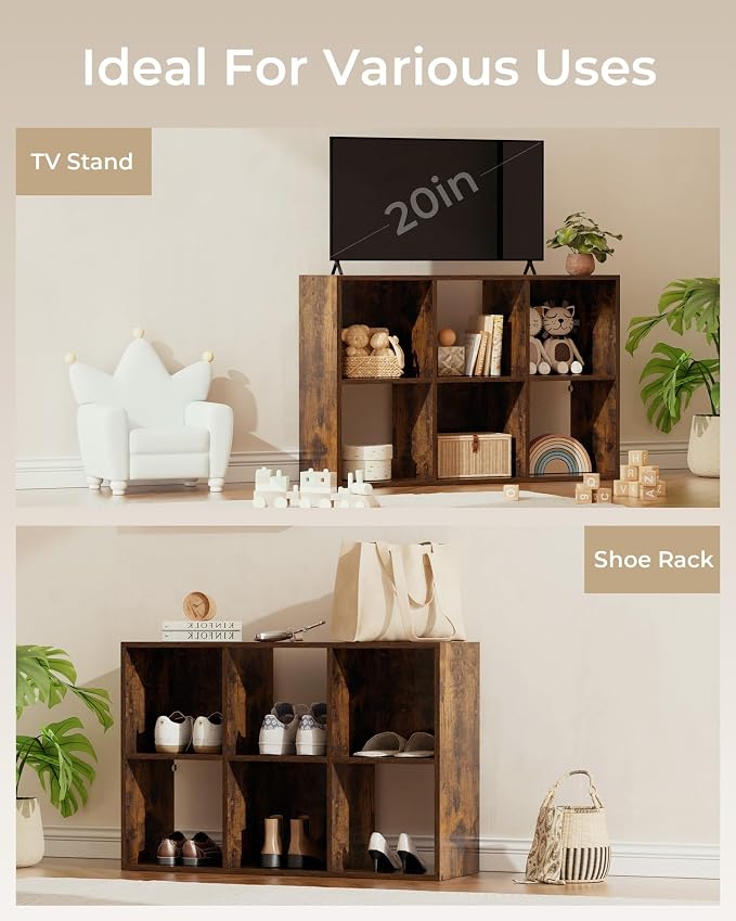 GTPLAYER 6-Cube Storage Organizer, Fits 11" Bins, Vertical or Horizontal Use, Opening Bookshelf, Partial Back Panels, Stackable Design Bookcase, for Closet, Bedroom, Amber Brown