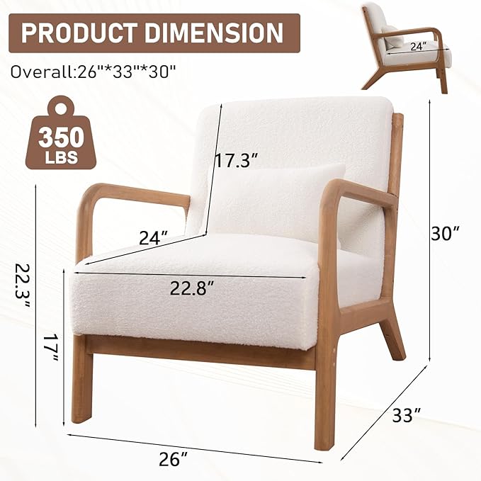 ANJ Mid Century Modern Accent Chair Set of 2, Single Fabric Lounge Reading Armchair with Solid Wood Frame, Easy Assembly Arm Chairs for Living Room, White