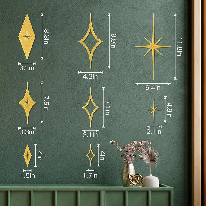 Bnesi 8 Piece Metal Mid Century Modern Wall Art Decor Vintage Style Gold Starburst Metal Wall Art Decor Mid Century Modern Star Bursts Decor for Living Room Bedroom Home Bathroom (Gold)