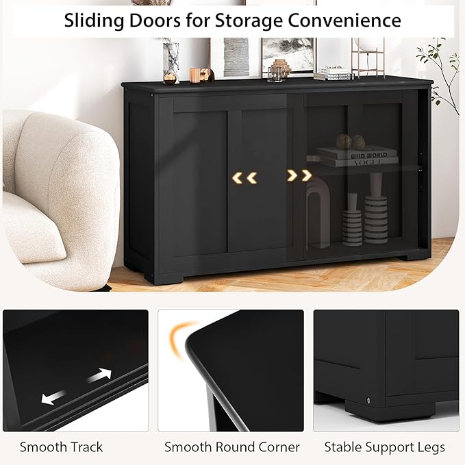 Buffet Cabinet Sideboard, Wood Storage Credenza Cupboard with Adjustable Shelf & 2 Sliding Doors, Stackable Coffee Bar Cabinet Console Table for Dining Room, Living Room, Kitchen (1, Black)