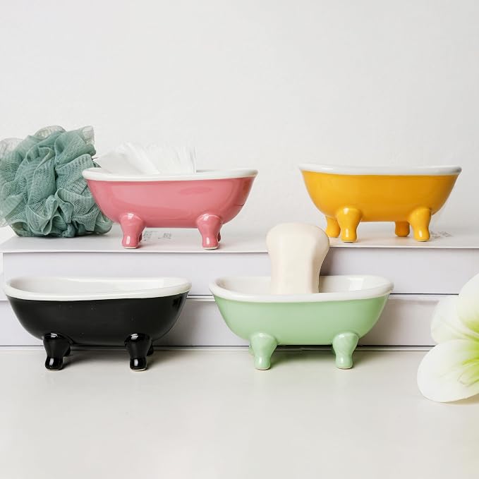 5.7" Ceramic Mini Clawfoot Bathtub Bar Soap Dish, Decorative Bar Soap Holder for Shower, Bathroom & Kitchen Sink (Yellow)