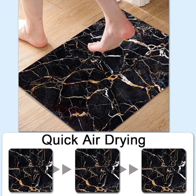 Bath Mat Rug,Black marble with yellow and white Non Slip Quick Dry Super Absorbent Thin Bathroom Rugs Fit Under Door-Easy to clean Bathroom Floor Mats-Shower Rug for Shower Sink Bathtub(20" x 31"In)