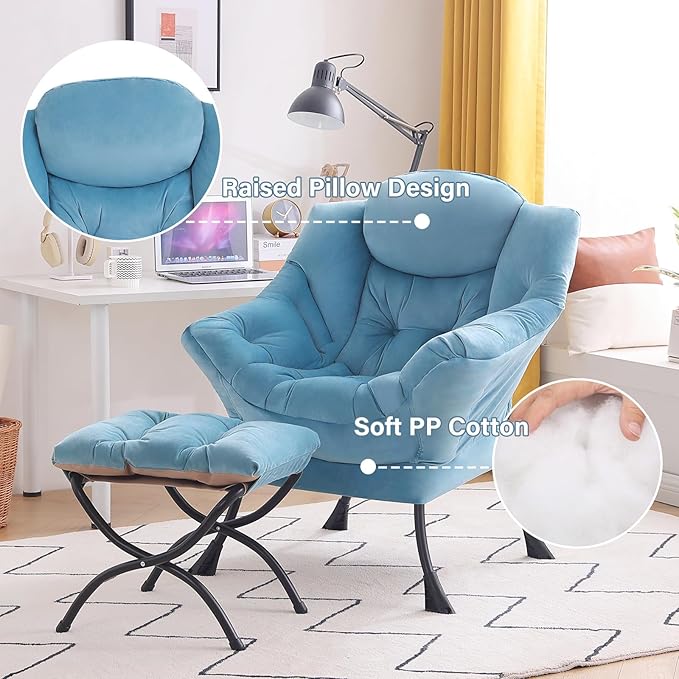 Tiita Lazy Chair with Ottoman, Blue Chiars Modern Large Accent Armchair, Comfy Leisure Sofa Reading Chair with Footrest for Bedroom, Living Room, Dorm Rooms, Garden, Velvet Light Blue