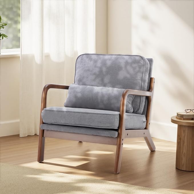 DUMOS Accent Chairs Set of 2,Mid Century Modern Chair with Arms and Waist Cushion, Reading Chairs for Adults, Lounge Chair for Living Room and Bedroom, Solid Wooden Frame,Classic Grey