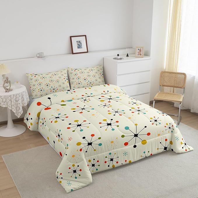 Erosebridal Modern Mid Century Bedding King Retro Atomic Comforter Set, Rainbow Grid Duvet Insert Vintage Fifties 1950s Down Comforter, Aesthetic Abstract Art Bedding Comforter Sets Beige 3pcs