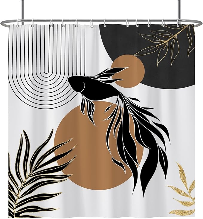 Baocicoo Boho Abstract Goldfish Shower Curtain Simple Geometric Line Aesthetic Minimalist Modern Neutral Shower Curtain for Bathroom Fabric Waterproof Durable Bath Curtain with Hooks 72x72 Inches
