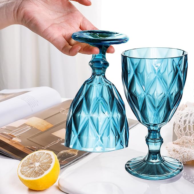 12 Pack Vintage Wine Glasses, Plastic Reusable 12 Ounce Colored Water Goblets, Unique Embossed Pattern Unbreakable Stemmed Wine Glasses High Clear Wedding Party Bar Drinking Cups Blue