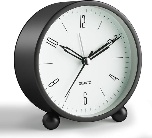 Analog Alarm Clock, 4 inch Super Silent Non Ticking Small Clock with Night Light, Battery Operated, Simple Design, Old Fashioned Style Black Decor, for Bedroom, Bedside, Desk, Adult, Kid, Gift, Black