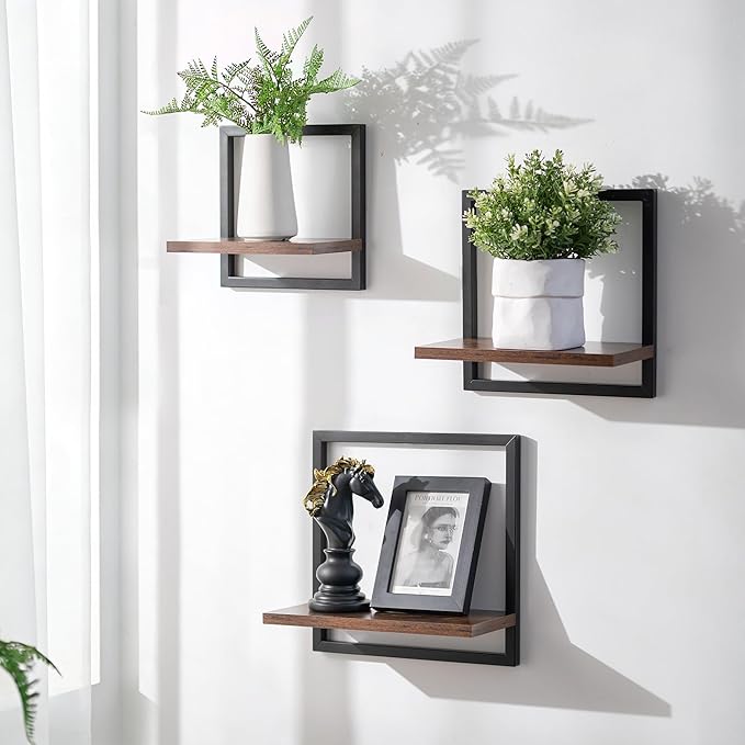 Wall Shelves for Living Room - Set of 3 Geometric Decorative Floating Shelf for Home Decor - Modern Industrial Wall Mounted Shelving Unit for Bedroom Bathroom Corner (Rustic Brown and Black)