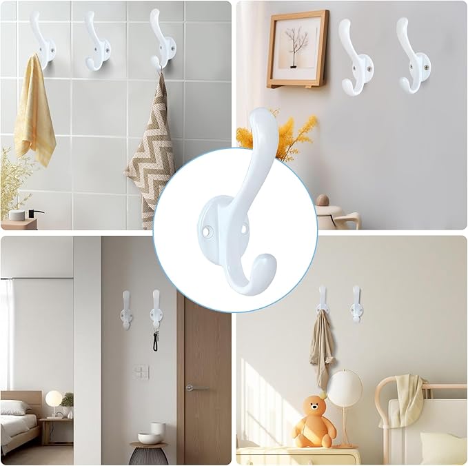 6 Pack Coat Hooks Wall Mount Heavy Duty Utility Retro Double Hooks for Hanging Coats,Hat, Towel, Key, Robe, Scarf, Bag, Cap (White)