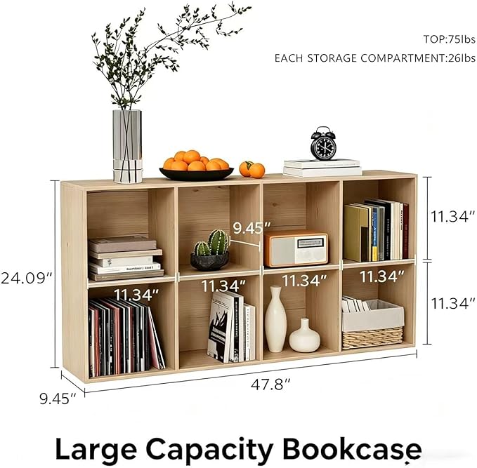 VDNEND Wooden Storage Organizer with Closed Back Panel, 11in Cube Shelf Opening, Bookshelf, Display Shelf,Closet Cabinet for Home and Office (White Oak, 8-Cube 47.8L*9.45W*24.09H)
