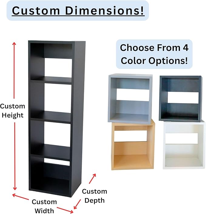 Custom Sized 4-Cube Cubby; Choose color, width, depth, and height. Units are 3/4 inch thick premium grade melamine for strong, solid unit. Easy assembly. Place on the floor or mount on a wall.