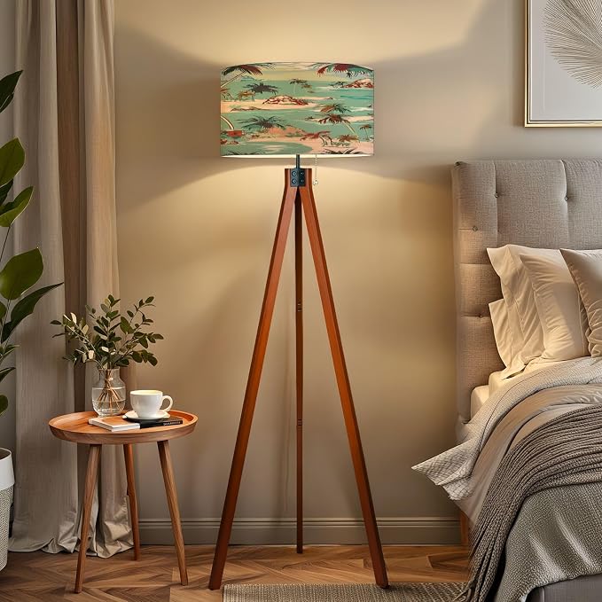 Wood Tripod Floor Lamp Bright summer hawaii seamless island pattern Landscape palm trees Mid Century Standing Lamp Linen Shade Dimmable Modern Tall lamp Home Decor for Living Room Bedroom Office